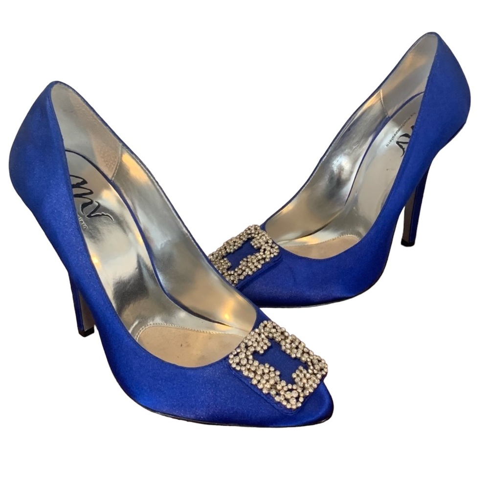 Martinez Valero Royal Blue Satin Rhinestone Formal Pumps Heels size 9